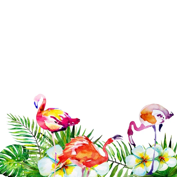 Beautiful Pink Flamingo Exotic Flowers Palm Leaves Watercolor — Stock Photo, Image