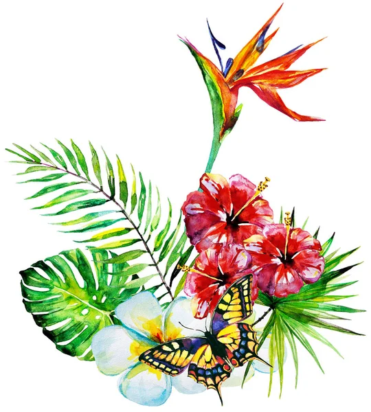 Vackra Tropiska Palmblad Och Blommor Akvarell — Stockfoto