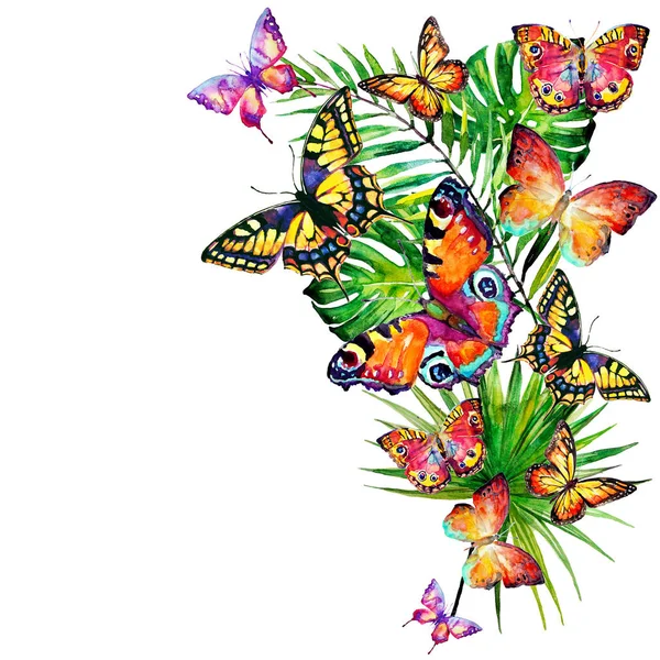 güzel tropikal palmiye yaprakları ve çiçekleri, suluboya