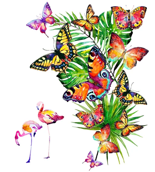 Vackra Tropiska Palmblad Och Blommor Akvarell — Stockfoto
