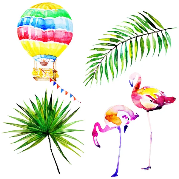 Schöne Tropische Palmenblätter Und Flamingo Aquarell Illustration — Stockfoto