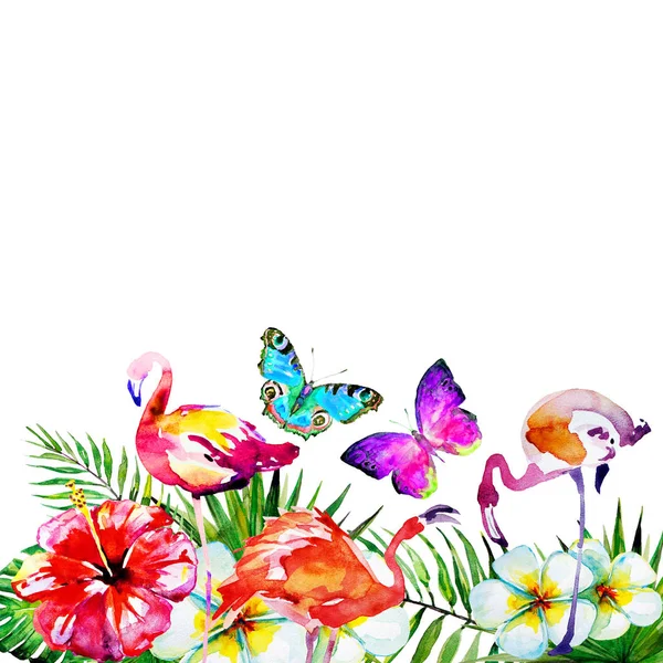güzel pembe flamingo ve egzotik çiçekler, palmiye yaprakları, suluboya 