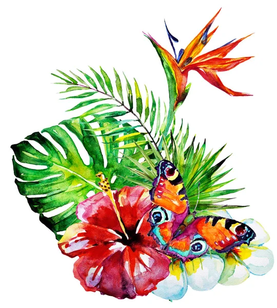 Hermosas Hojas Palma Tropical Flores Acuarela —  Fotos de Stock
