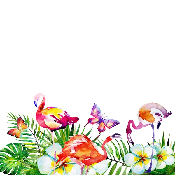 Schöne Tropische Palmenblätter Und Flamingo Aquarell Illustration — Stockfoto