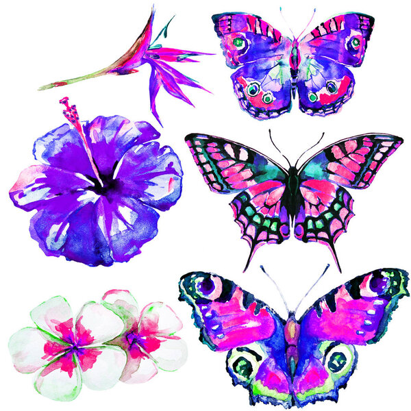 beautiful tropical butterflies and flowers,watercolor,isolated on a white