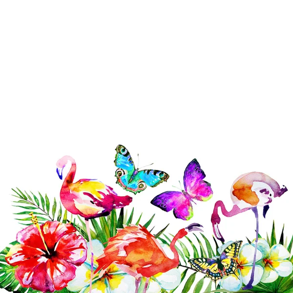 güzel pembe flamingo ve egzotik çiçekler, palmiye yaprakları, suluboya 