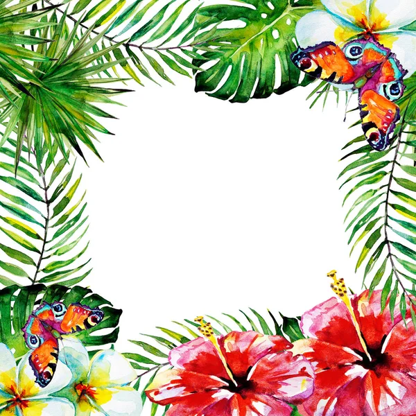 美しい熱帯のヤシの葉と花の水彩画 — ストック写真