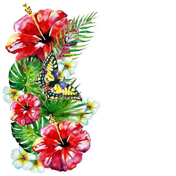 Vackra Röda Blommor Palmblad Akvarell Vit — Stockfoto