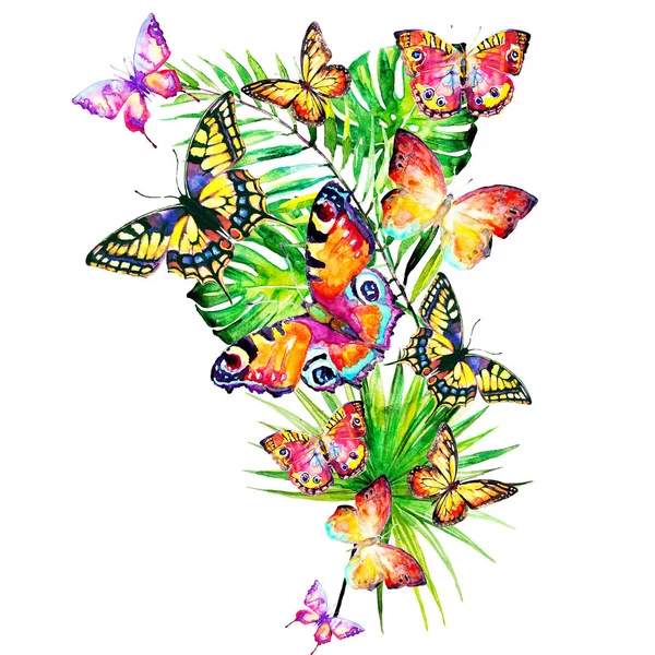 güzel tropikal palmiye yaprakları ve çiçekleri, suluboya