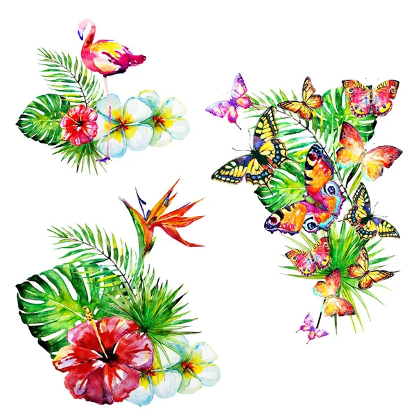 güzel kırmızı çiçekler, palmiye yaprakları, beyaz üzerine suluboya