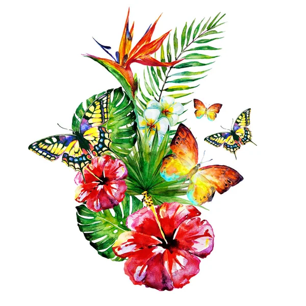 güzel kırmızı çiçekler, palmiye yaprakları, beyaz üzerine suluboya