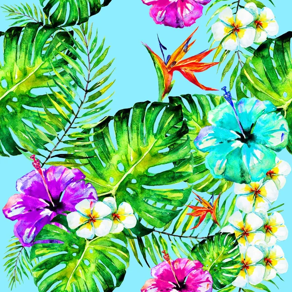 güzel kırmızı çiçekler, palmiye yaprakları, mavi üzerine suluboya