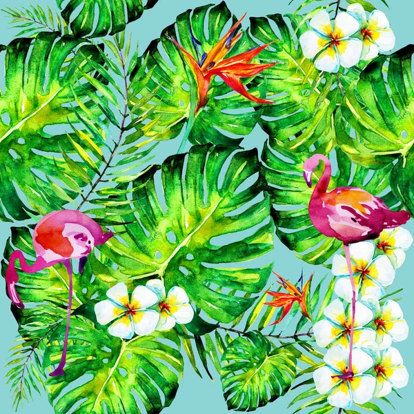 Piękne Kwiaty Czerwone Liście Palmowe Akwarela Niebiesko — Zdjęcie stockowe