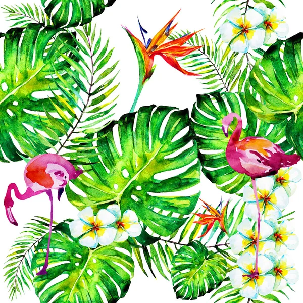 Belas Folhas Palma Tropical Flamingo Ilustração Aquarela — Fotografia de Stock