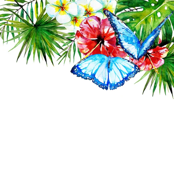 güzel tropikal palmiye yaprakları ve çiçekleri, suluboya