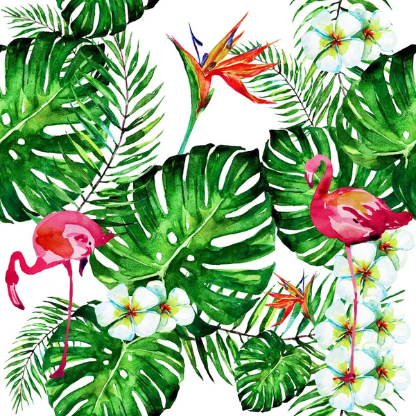 Schöne Tropische Palmenblätter Und Flamingo Aquarell Illustration — Stockfoto