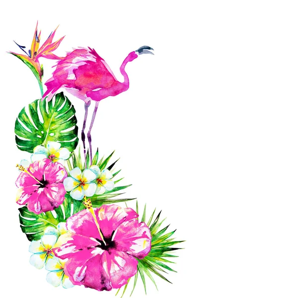 Krásný Růžový Plameňák Exotické Květiny Palmy Listy Akvarel — Stock fotografie
