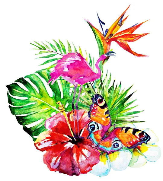 Gyönyörű Trópusi Pálma Levelek Virágok Akvarell — Stock Fotó