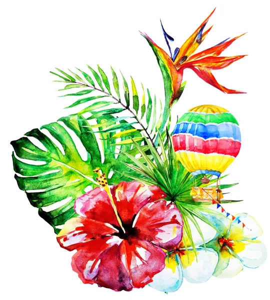 güzel tropikal palmiye yaprakları ve çiçekleri, suluboya