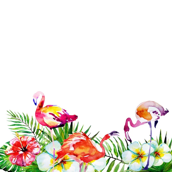 güzel pembe flamingo ve egzotik çiçekler, palmiye yaprakları, suluboya 