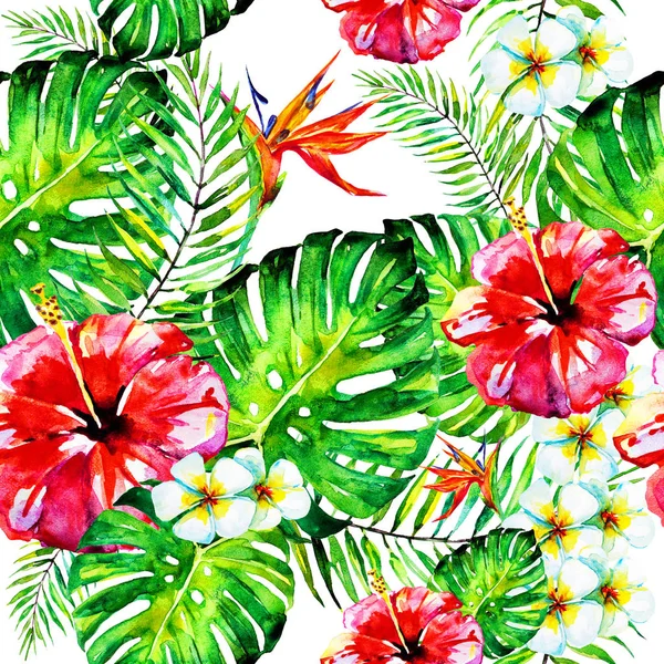 Beautiful Red Flowers Palm Leaves Watercolor White — Stock Photo, Image