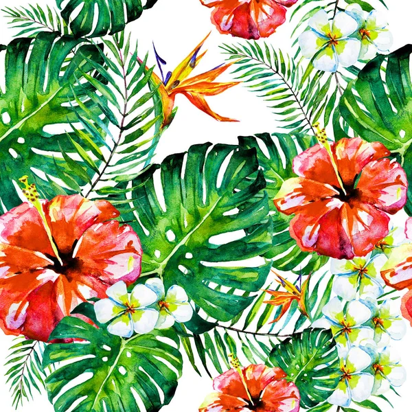beautiful red flowers, palm leaves, watercolor on a white