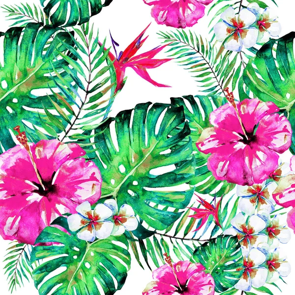 Beautiful Red Flowers Palm Leaves Watercolor White — Stock Photo, Image