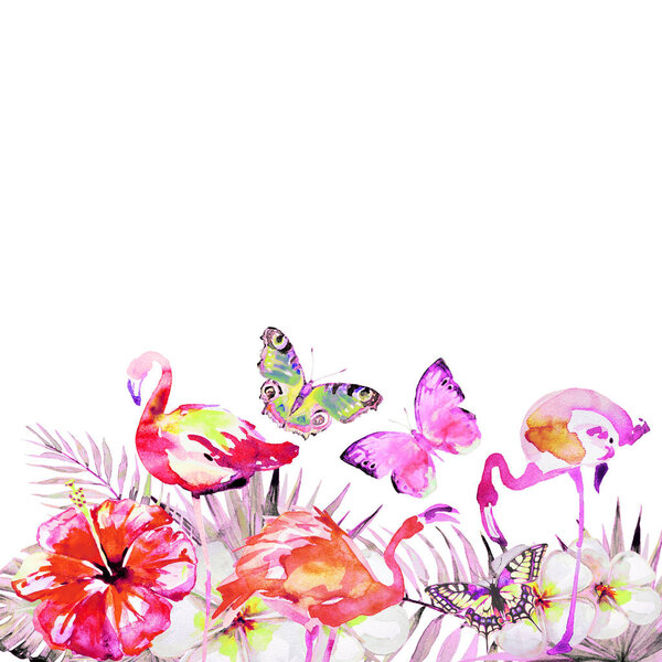 beautiful pink flamingo and exotic flowers , palm leaves, watercolor 