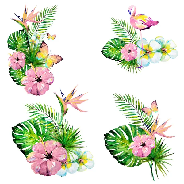 güzel kırmızı çiçekler, palmiye yaprakları, beyaz üzerine suluboya