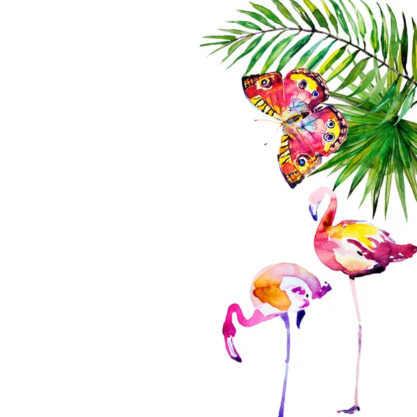 güzel tropikal palmiye yaprakları ve çiçekleri, suluboya