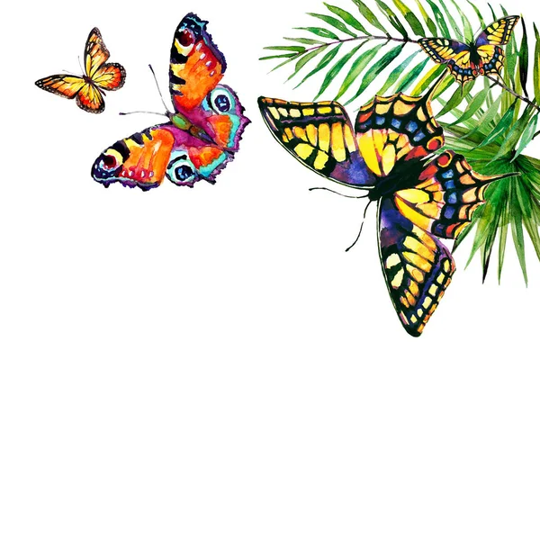 güzel tropikal palmiye yaprakları ve çiçekleri, suluboya