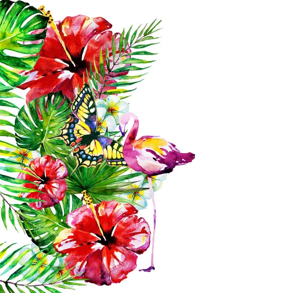 güzel kırmızı çiçekler, palmiye yaprakları, beyaz üzerine suluboya