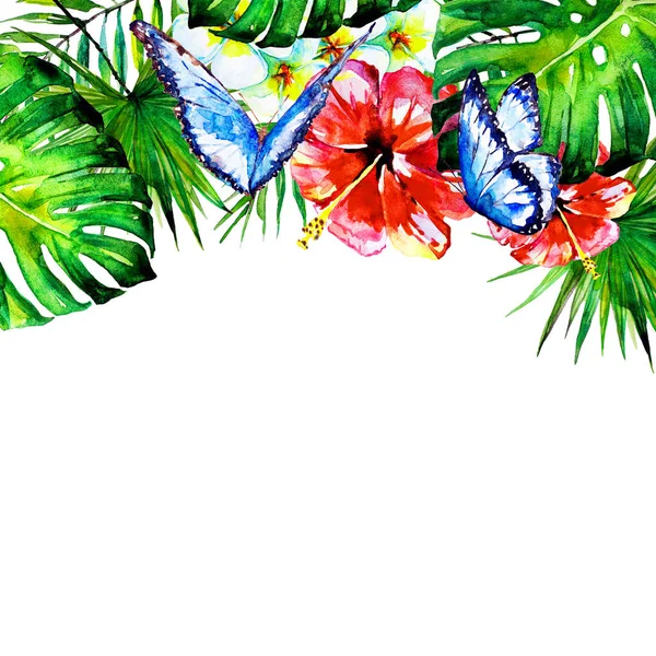 Hawaiian çiçekler, kelebekler, suluboya, egzotik bitkiler, beyaz izole