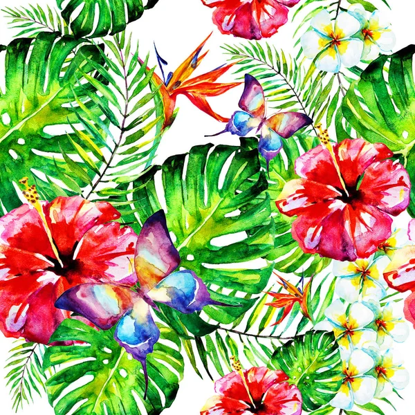 Beautiful Red Flowers Palm Leaves Watercolor White — Stock Photo, Image