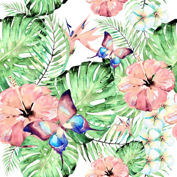 güzel kırmızı çiçekler, palmiye yaprakları, beyaz üzerine suluboya