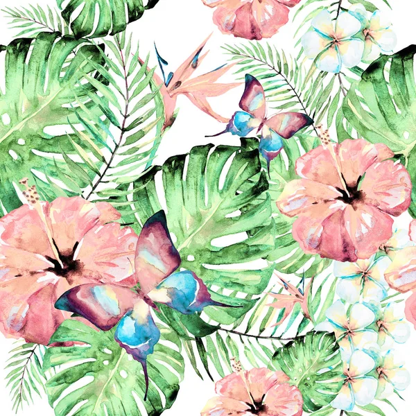 güzel kırmızı çiçekler, palmiye yaprakları, beyaz üzerine suluboya