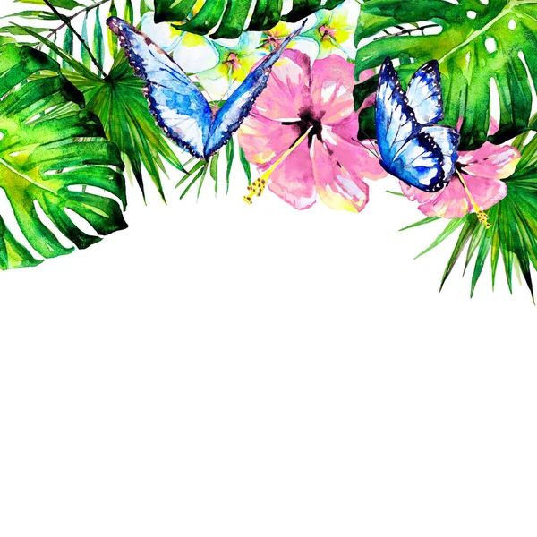 Hawaiian çiçekler, kelebekler, suluboya, egzotik bitkiler, beyaz izole