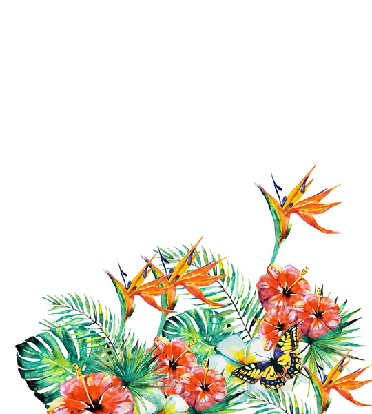 Indah Daun Palem Tropis Dan Bunga Cat Air — Stok Foto