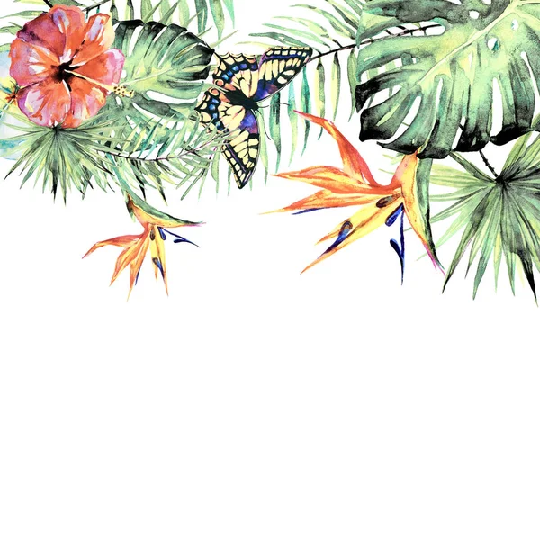 güzel tropikal palmiye yaprakları ve çiçekleri, suluboya