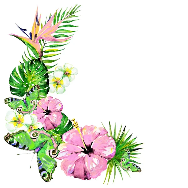 güzel kırmızı çiçekler, palmiye yaprakları, beyaz üzerine suluboya