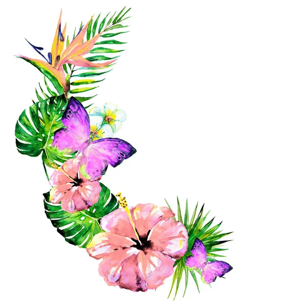 güzel kırmızı çiçekler, palmiye yaprakları, beyaz üzerine suluboya