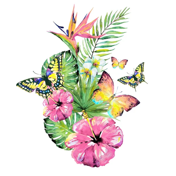 güzel kırmızı çiçekler, palmiye yaprakları, beyaz üzerine suluboya