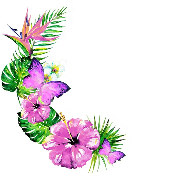 güzel kırmızı çiçekler, palmiye yaprakları, beyaz üzerine suluboya