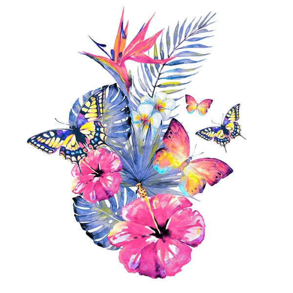 güzel kırmızı çiçekler, palmiye yaprakları, beyaz üzerine suluboya