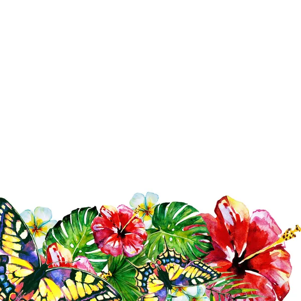 güzel kırmızı çiçekler, palmiye yaprakları, beyaz üzerine suluboya