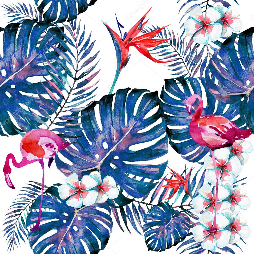 beautiful tropical palm leaves and flamingo, watercolor illustration