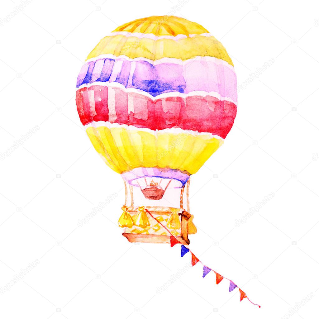 beautiful color air balloon, watercolor, vintage, isolated on a white