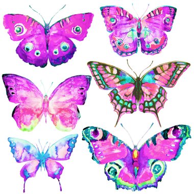 güzel kelebekler, suluboya, izole bir beyaz arka plan üzerinde 
