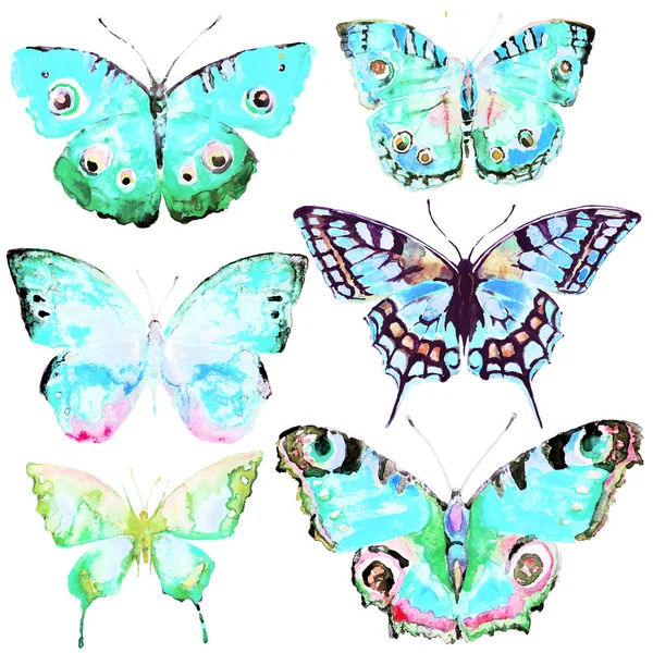 Όμορφα Φωτεινά Πεταλούδες Ακουαρέλα Απομονώνονται Λευκό — Φωτογραφία Αρχείου