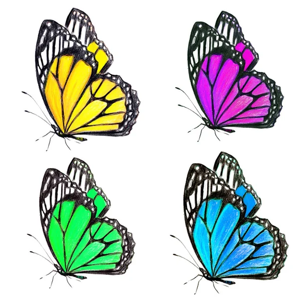 Schöne Bunte Schmetterlinge Set Aquarell Isoliert Auf Einem Weißen — Stockfoto